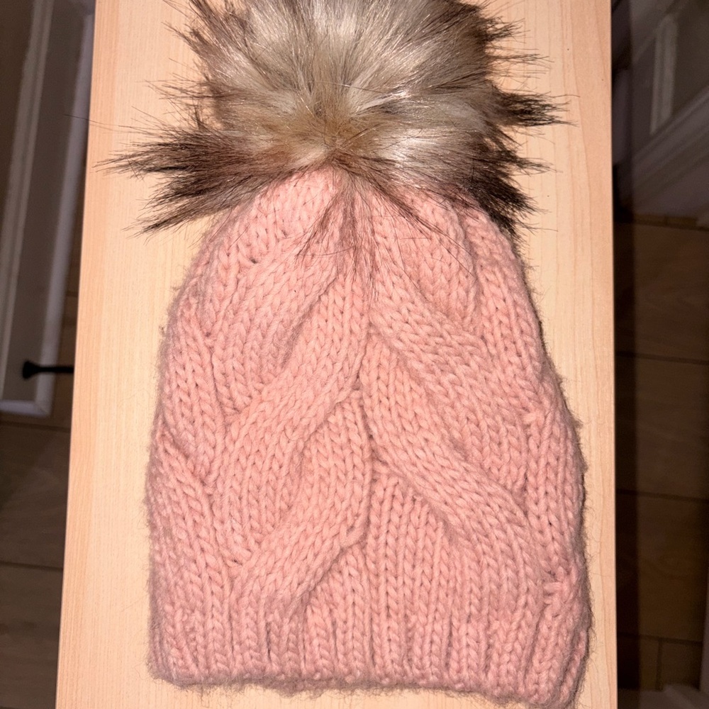 Pink Cable Knit Beanie with Faux Fur Pom